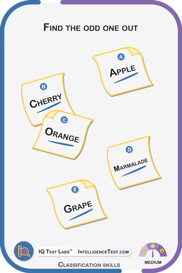 Which word does not belong? apple, marmalade, orange, cherry or grape?