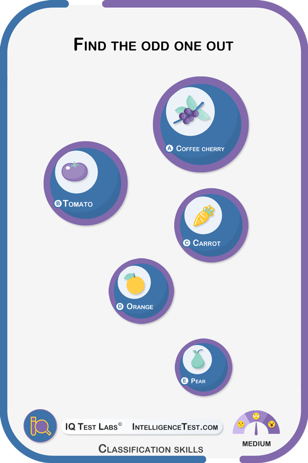 Find the odd one out: coffee cherry, tomato, carrot, orange, pear.