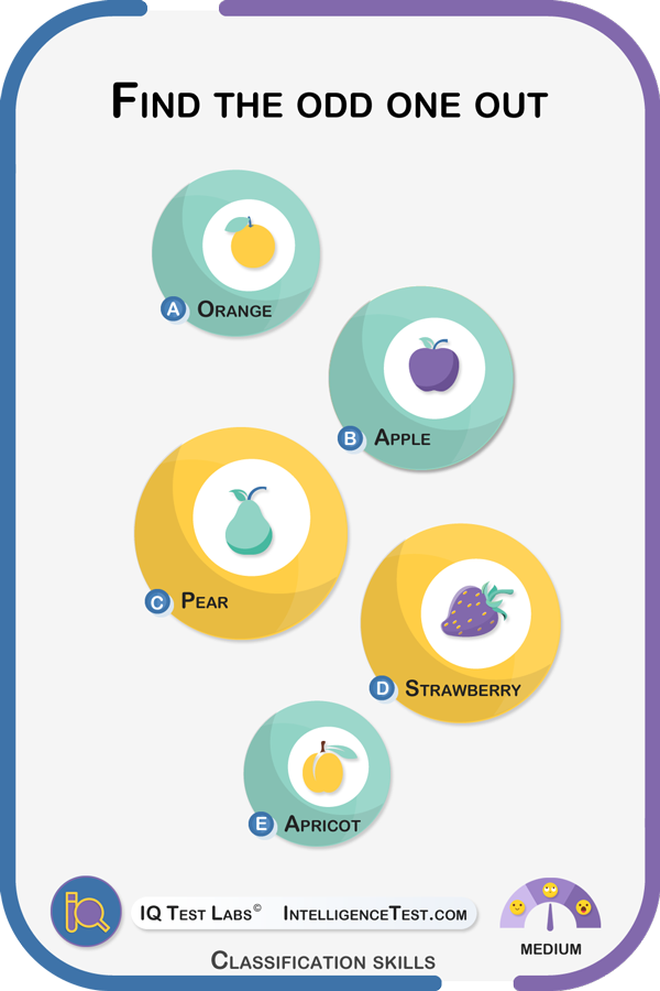 Which of the following does not belong? Orange, apple, pear, strawberry or apricot?