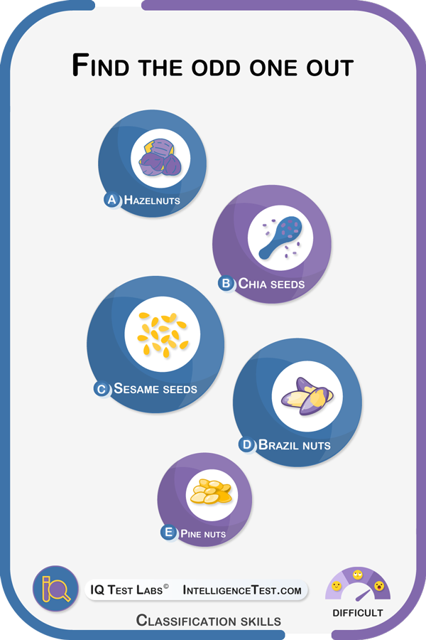Find the odd one out: hazelnuts, chia seeds, sesame seeds, brazil nuts, pine nuts.