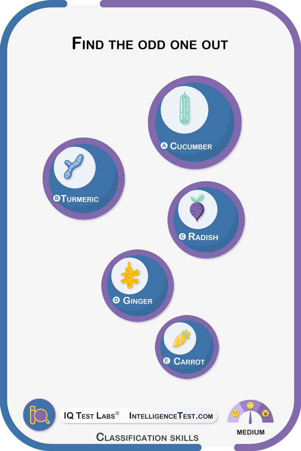 Find the odd one out: cucumber, turmeric, radish, ginger, carrot.