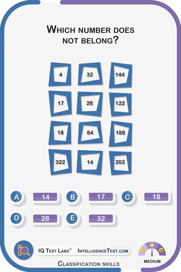 Which number does not belong? (Row 1: 4, 32, 144), (Row 2: 17, 28, 122), (Row 3: 18, 64, 188), (Row 4: 322, 14, 202).