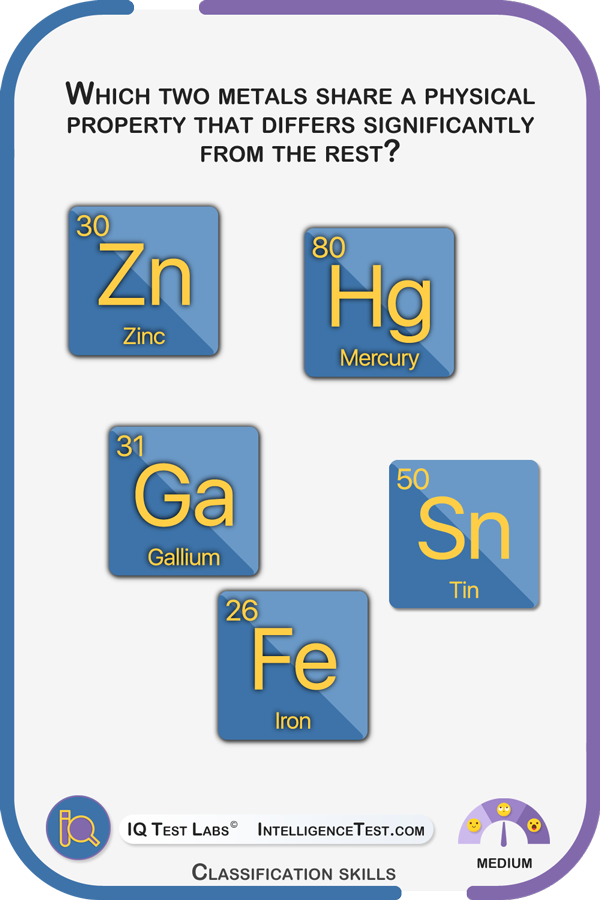 Which two metals share a physical property that differs significantly from the rest? Zinc, mercury, gallium, tin or iron?