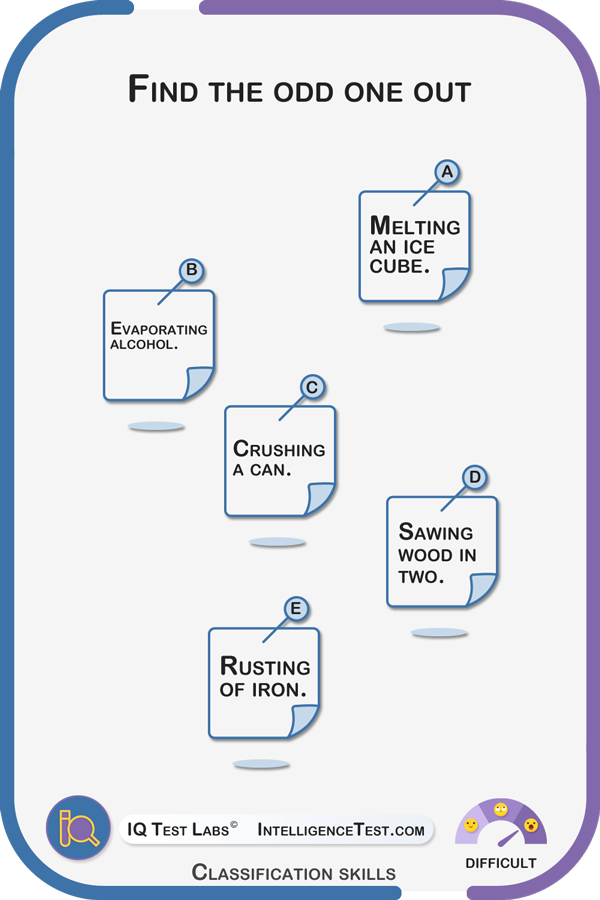Find the odd one out: melting an ice cube, evaporating alcohol, crushing a can, sawing wood in two, rusting of iron.