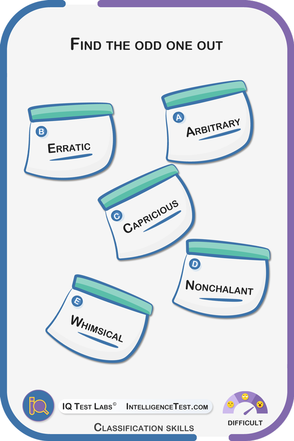 Which of the following words is different from the rest? arbitrary, erratic, capricious, nonchalant, whimsical.