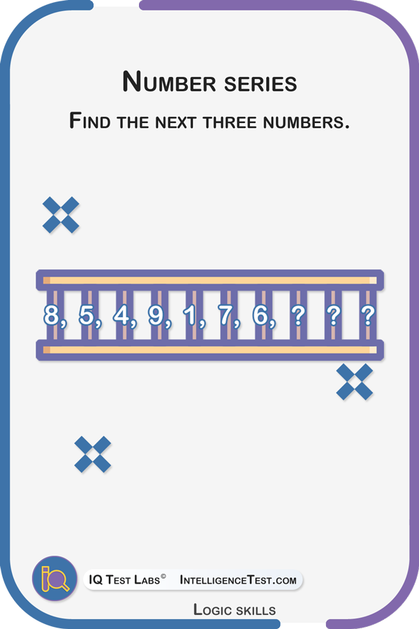 Find the next 3 numbers in the following series: 8 5 4 9 1 7 6 