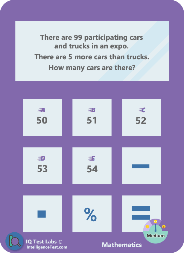 There are 99 participating cars and trucks in an expo. There are 5 more cars than trucks. How many cars are there?