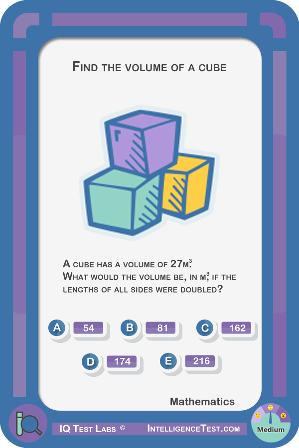 A cube has a volume of 27㎥. What would the volume be, in ㎥, if the lengths of all sides were doubled? 32 36 216 432 514