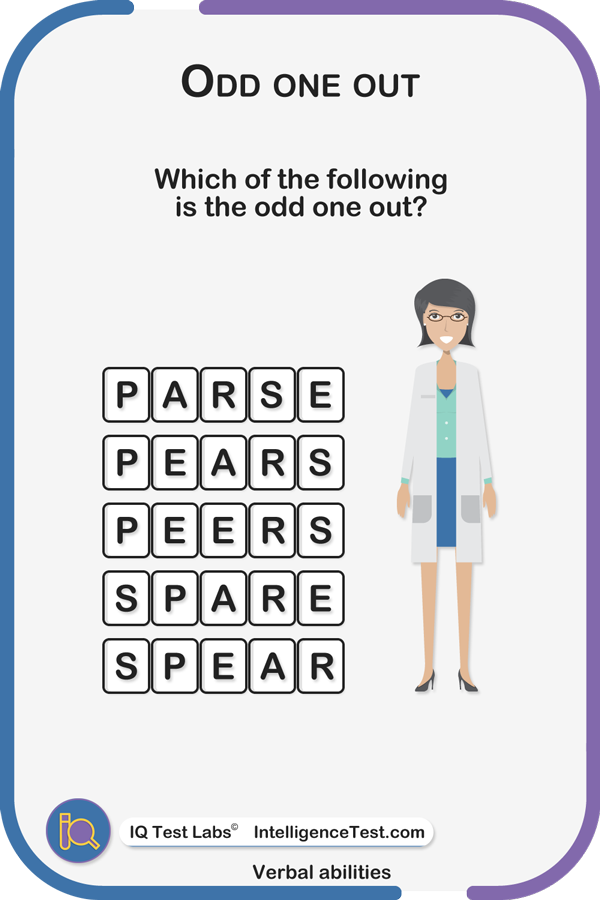 Find the odd one out. Which of the following is the odd one out? Parse, Pears, Peers, Spare, Spear