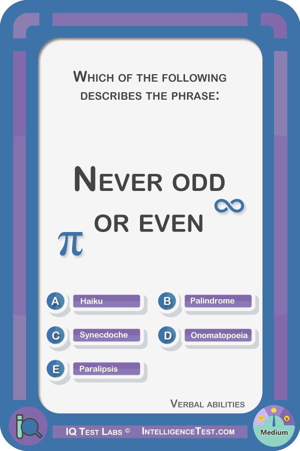 Which of the following describes the phrase, 'never odd or even'?