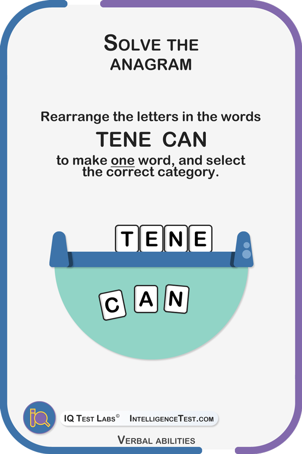 Rearrange the letters in the words TENE CAN to make one word, and select the correct category: drinks, sports, comics, movies, travel.